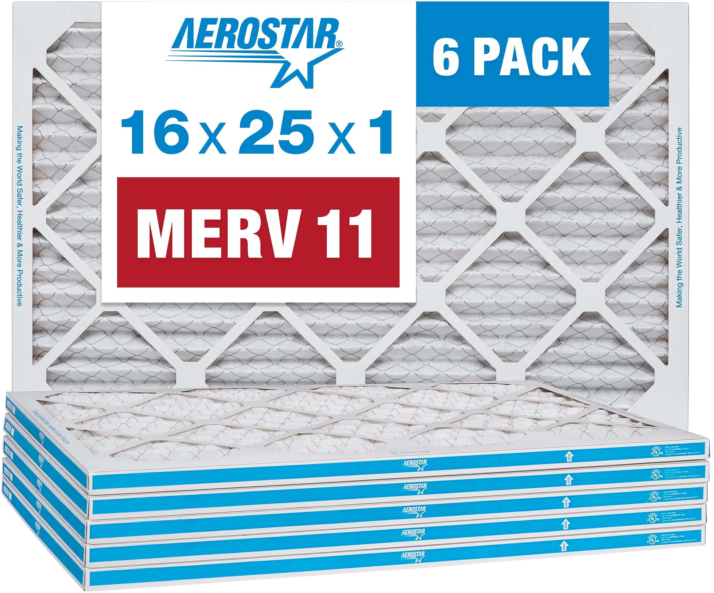 Aerostar 16 x 25 x 1 MERV 11 Plissee-Luftfilter, AC-Ofen-Luftfilter, 6 Stück (tatsächliche Größe: 39,5 x 61,4 x 1,9 cm)