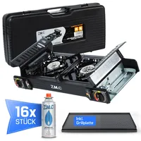 PREMIUM 2 flammig Campingkocher Outdoor Gaskocher Grillplatte +16x Gaskartusche