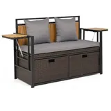 COSTWAY Gartenbank, Polyrattan mit Stauraum, klappbaren Seitenablagen & Kissen 120cm grau