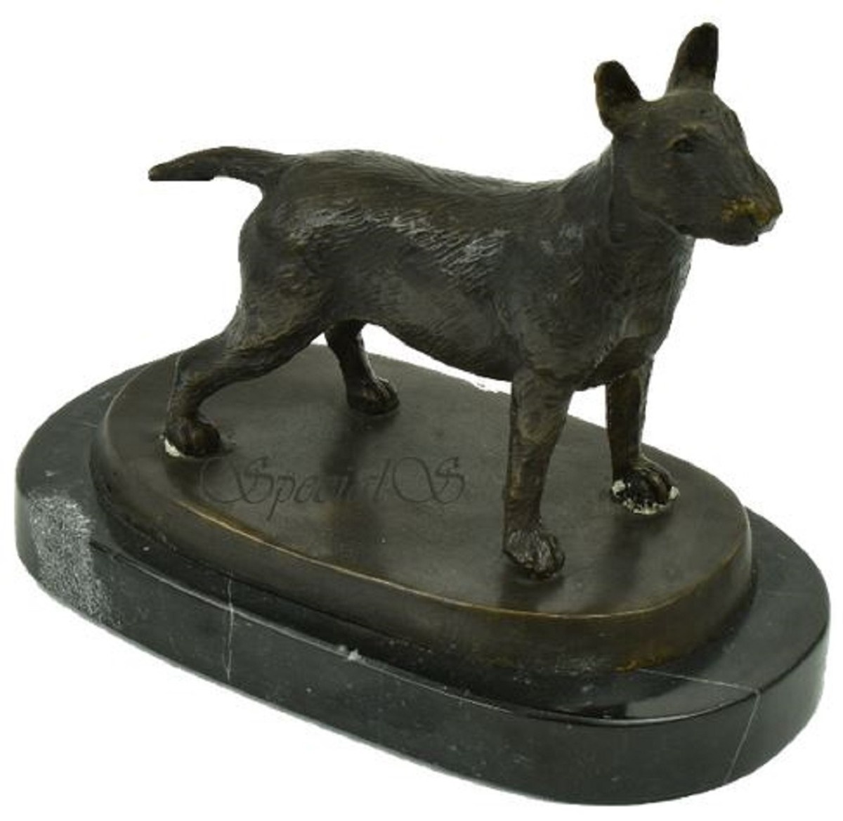 Casa Padrino Luxus Deko Bronzefigur Bullterrier Hund Bronzefarben / Schwarz 19 x 10 x H. 15 cm - Bronze Skulptur mit Marmorsockel - Dekofigur - Deko Accessoires
