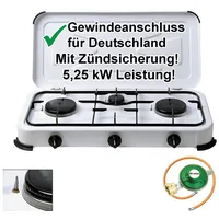 Bluecraft Camping-Gas-Kocher Mobi 3-flammig mit Zündsicherung Gasschlauch und Gas...