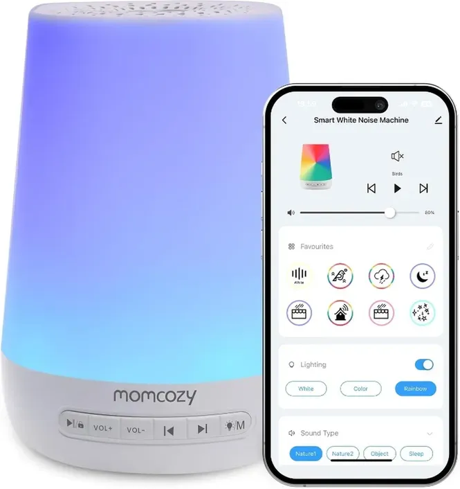Momcozy Schlummermaschine – 34 beruhigende Klänge, 7-Farben-Nachtlicht, USB-wiederaufladbar, App-Steuerung, für Baby und Erwachsene, 1 Stück