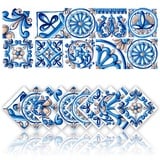 20 Stück Fliesenaufkleber für Küche und Bad, wasserdichte PVC-Wanddekoration, Selbstklebende Mosaik-Dekoration, Retro-Architekturstil Fliesenaufkleber (10x10cm,Blau)