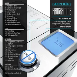 Arendo Brotbackautomat 550W, Brotbackmaschine, 25 Programme, glutenfreies Backen, Joghurtfunktion, 1 kg Kapazität, Direktantrieb
