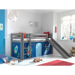 Spielbett Pino inkl. Rutsche mit Textilset Vorhang versch. Designs