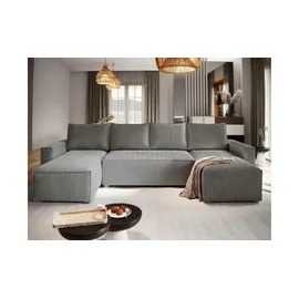 masseno Wohnlandschaft Kordstoff mit Schlaffunktion 295 cm Grau
