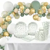 Partygeschirr Set Grün, 160 Stück Pappteller Set & Becher für Kindergeburtstag Deko, Geburtstagsdeko mit Pappteller Luftballons & Strohhalme für Hochzeit Babyshower für 24 Gäste (ohne Tischdecke)