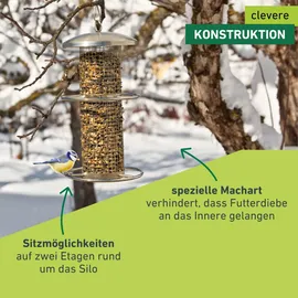 WINDHAGER Vogelfuttersilo Edelstahl, Wetterfest, 0,9 l, Futterstation für Wildvögel, 14 x 14 x 28 cm