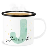 Emaille Becher Blechbecher - Tasse - Anfangsbuchstabe Personalisierbar mit Namen | Geschenk mit Initialen | Initialbuchstabe und Name individuell kombinierbar - 300 ml - Weiß Schwarz - buchstaben