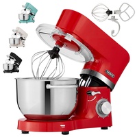 Arebos Küchenmaschine 1500W Rot | Knetmaschine mit 2x Edelstahl-Rührschüsseln 4,5 & 5,5L | Geräuscharm | Küchenmixer mit Rührhaken, Knethaken, Schlagbesen und Spritzschutz | 6 Geschwindigkeiten