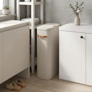Songmics Wäschekorb, 65 L Wäschesammler, Wäschetonne mit Deckel und Griffen, 39 x 22 x 75 cm, beige