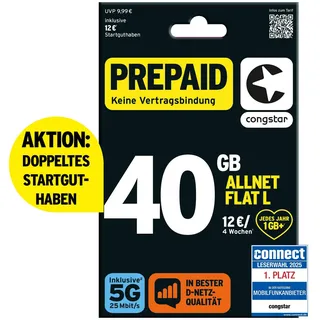 congstar Prepaid ALLNET L SIM-Karte ohne Vertrag I 40 GB Vielsurfer Prepaid-Paket in D-Netz-Qualität I 5G mit 25 Mbit/s + 24€ Startguthaben I Telefonie & SMS Flat in alle dt. Netze I EU-Roaming inkl.