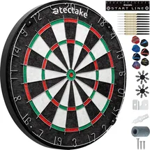 Tectake tectake® Dartscheibe aus robustem Sisal mit ultradünnem Draht, extra breiter Fangring, Zubehör aus Anspitzer, 16 Flight-Schützern und Startlinie