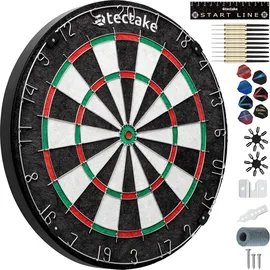 Tectake tectake® Dartscheibe aus robustem Sisal mit ultradünnem Draht, extra breiter Fangring, Zubehör aus Anspitzer, 16 Flight-Schützern und Startlinie