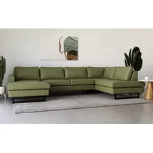 PLACES OF STYLE Wohnlandschaft »Pinto, 350 cm, U-Form, XXL, mit Ottomanen«, Cord, Chenille, Lederoptik, mit Keder, Metallfüße, Wellenunterfederung grün