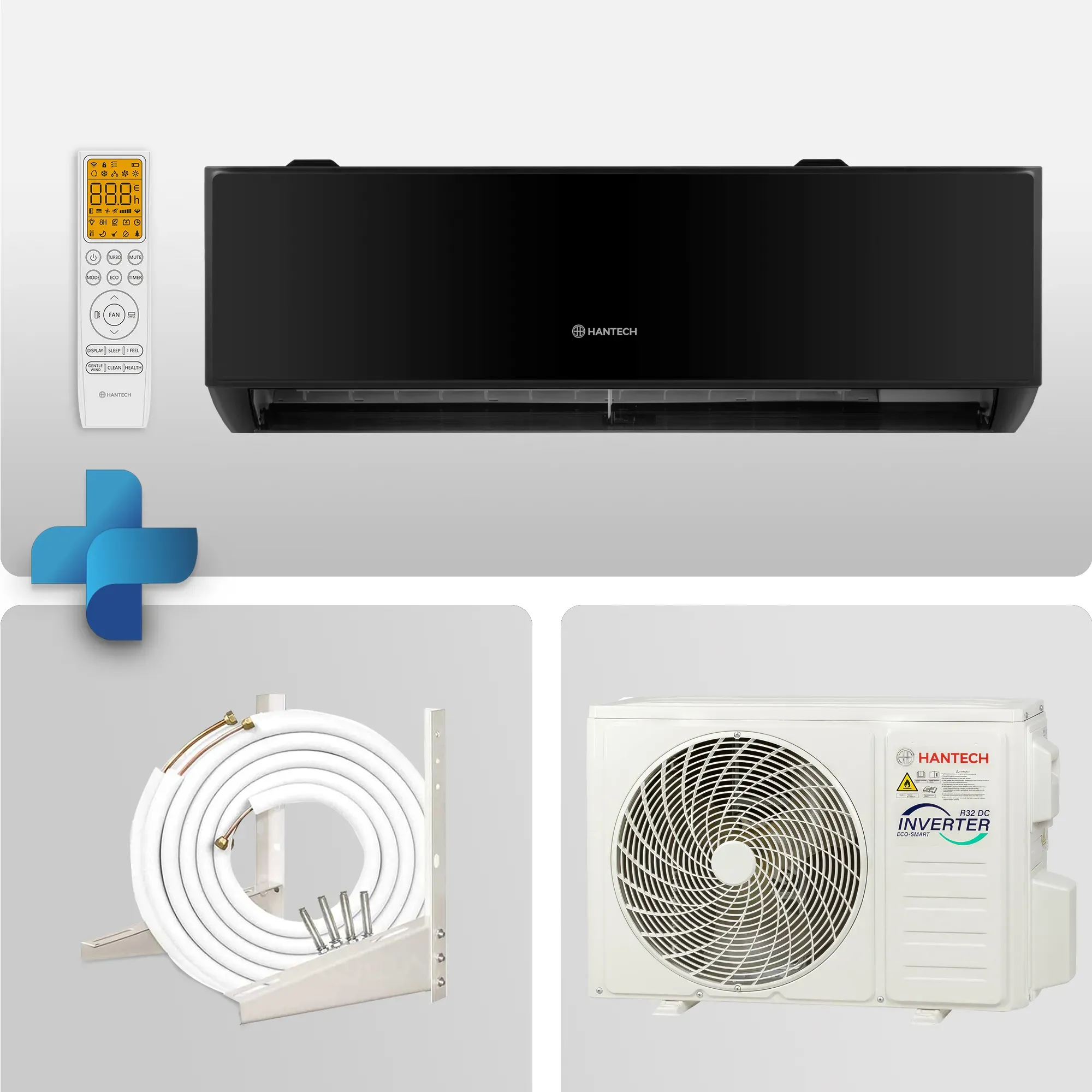 Split Klimaanlage R32 A++ 24000 BTU (6,8 kW) mit 3m Leitung & Wandhalterung, HANTECH HPRO Schwarz | WLAN, Inverter