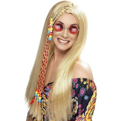 Smiffys Kostüm-Perücke Hippie mit Braids, Flowerpower-Frisur mit eingeflechteten Zöpfen gelb