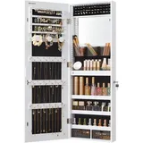 SONGMICS Schmuckschrank, Wandmontage, Organizer mit LED-Lichtern, Aufbewahrungsschrank, mit rahmenlosem Spiegel, integrierter Schminkspiegel, 2 Schubladen, abschließbar, Weiß JJC013W01