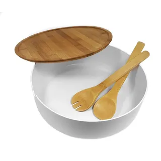 Spetebo XXL Salatschüssel mit Bambus Besteck 30 cm - weiß - Kunststoff Schale groß mit Holz Deckel - Rührschüssel Servierschüssel Schüssel mit Servierbesteck für Obst Salate Desserts lebensmittelecht