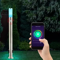 Stehleuchte mit Bewegungsmelder Standleuchte Edelstahl Außenleuchte Steckdosen, App Steuerung CCT dimmbar, Smart RGB LED 8,5W 806Lm, DxH 7,6x110 cm