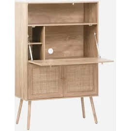 sweeek - Schreibschrank / Sekretär, 2 Türen und Regale, Holzeffekt, und Rohrgeflecht,
