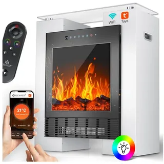 KESSER Elektrokamin LED Kamin mit Heizung & Thermostat Flammeneffekt per App Fernbedienung, Heizlüfter 15-35°C, Standkamin mit realistischem Feuer, Timer & WLAN weiß