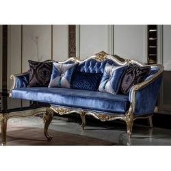 Casa Padrino Luxus Barock Sofa Blau / Silber / Gold - Handgefertigtes Wohnzimmer Sofa mit dekorativen Kissen - Barock Wohnzimmer Möbel