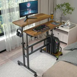 höhenverstellbarer Sitz-Steh Schreibtisch 80x60cm, Stehpult, drehbar, Mobiler Stehtisch mit neigbar Tischplatte, Braun