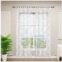 Woltu Gardinen transparent Blumen Stickerei mit Schlaufen Leinen Optik(2
