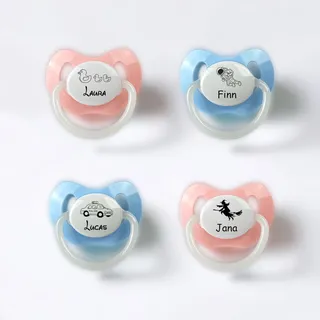 Schnuller personalisiert mit Motiv und Name rosa oder blau Gravur 15 verschiedene Kindermotive nip Babyschnuller Geschenk Geburt BPA frei (2 Stk. Rosa)