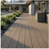 Woodstore24 Terrassendielen WPC Terrassenboden Komplettset mit Clipsystem, 20 mm Stärke, (Hohlkammer Diele geriffelt 240 cm Länge 145 mm Breite, Terrassenboden in Anthrazit Grau Braun für Balkon & Garten Outdoor), WPC Terrassendielen Komplettset mit Clipsystem braun