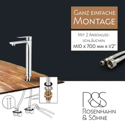 Rosenhahn & Söhne Poel L Design Badarmatur Wasserhahn Badezimmer - Armatur Bad [Chrom] - Heiß + Kalt Waschtischarmatur + Anschlussschläuche