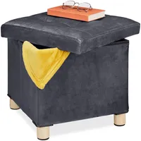 Relaxdays Samthocker mit Stauraum, Tablett im Deckel, mit Holzbeinen, eckiger Sitzhocker, HBT: 35x38x38 cm, dunkelgrau