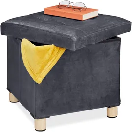 Relaxdays Samthocker mit Stauraum, Tablett im Deckel, mit Holzbeinen, eckiger Sitzhocker, HBT: 35x38x38 cm, dunkelgrau
