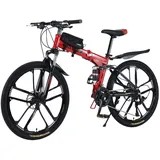 SHTST Mountainbike 26 Zoll Klapprad mit doppelten Stoßdämpfung Kohlenstoffstahl Rahmen mit fahrradtasche - Scheibenbremse fahrräder,Vollgefederte Bikes perfekt für Damen und Herren(Rot)