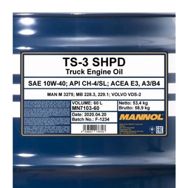 Mannol TS-3 SHPD Motoröl 10W-40 7103 volumen 60L
