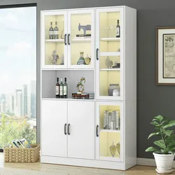 Merax Weißer Vitrinenschrank, Bücherregale, Standregale für Bücher, Vorratsschrank, mit LED-Licht, Vitrinenschrank mit Regalen