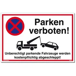 Großes Schild Parken verboten weiß | stabiles Alu-Schild mit UV-Schutz 42 x 30cm