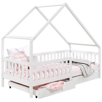 Idimex Hausbett ALVA aus Kiefer Massivholz, weiß - Kinderbett mit Dach, Tipibett mit Schubladen, Kinderzimmer Bett, Bodennahes Bett Montessori, ideal für Dachschrägen