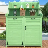 Jaxenor Gartenschrank Holz mit Regalen, Gartenschrank Wetterfest Outdoor mit Werkbank für Garten, Terrasse, Geräteschuppen, Terrassenschrank, Balkonschrank, Grün