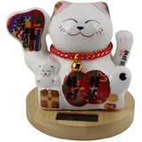 Freak Scene Glückskatze Keramik 10cm weiß Modell 03 Bambussockel Solar Maneki-Neko Winkekatze Lucky cat