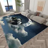 Generisch Teppiche fürs Schlafzimmer Tiere Panda Mond Blau 140x200 cm Teppiche für Wohnzimmer Schlafzimmer Esszimmer, Rutschfester Weicher Kurzflor-Teppich, Dekorative Teppiche