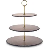 ECHTWERK EW-ET-1782G Etagere-/ Servier-Ablage für Gebäck, Obst, Käse und Dessert aus Naturschiefer mit 3 Ebenen und Metallgriff, Gold-Edition, Ø Schieferplatten ca. 20/25/ 30 cm, Steingut