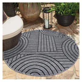 Carpet City Outdoor Teppich Wetterfest 160 cm Rund - Grau-Anthrazit - Wendeteppich, Beidseitiges Geometrisches Muster - Balkonteppich Wasserfest Outdoor - Terrassenteppich