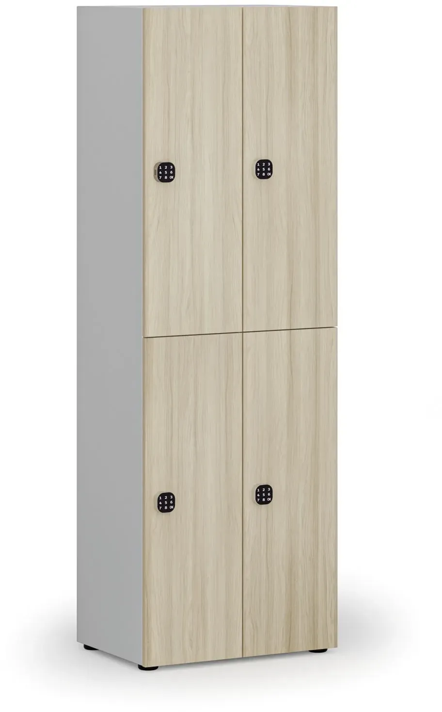 Holzspind S4 mit Ablagefächern, 4 Fächer, zerlegt, Codeschloss, grau/Eiche natur