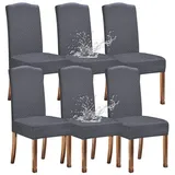KELUINA Stretch wasserdichte Jacquard mit langem Gitter Esszimmer Stuhlhussen Home Decor, Stuhlhussen für Esszimmerstühle(Grau,6 Stück)