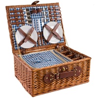 eGenuss Handgefertigtes Picknickkorb für 4 Personen - Inklusive Edelstahlbesteck, Kühlfach, Weingläser und Keramikteller – Blaues Gingham-Muster 47x34