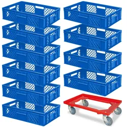 BRB 10 Euroboxen, 600x400x150 mm, blau, lebensmittelecht + Transportroller