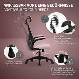 ML-Design Bürostuhl ergonomisch, Rosa aus Mesh, mit Verstellbarer Kopfstütze, Armlehnen, Lendenwirbelstütze, Wippfunktion,