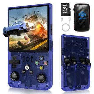 R36S Max, neue verbesserte Version der R36S-Spielekonsole, tragbare Spielkonsole, Linux-System, Open-Source-Linux-System, 64 GB TF-Karte, 15.000 Retro-Spiele, 4 IPS-Display, Retro-Spielekonsole (blau)